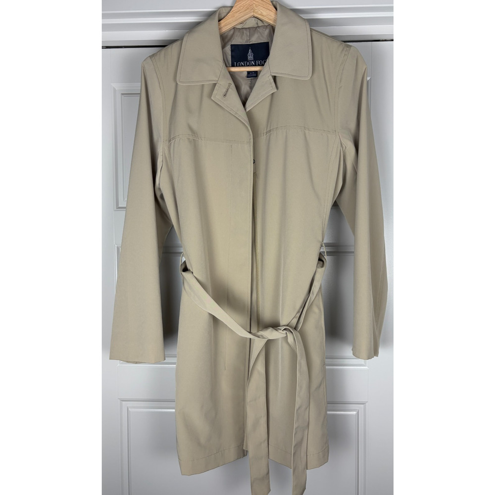 London Fog Womens Zip Front Trench Coat Size S British Khaki Belted Jacket Midi